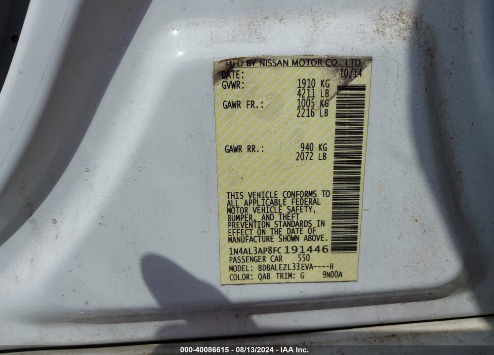 2015 NISSAN ALTIMA 2.5 S VIN: 1N4AL3AP8FC191446