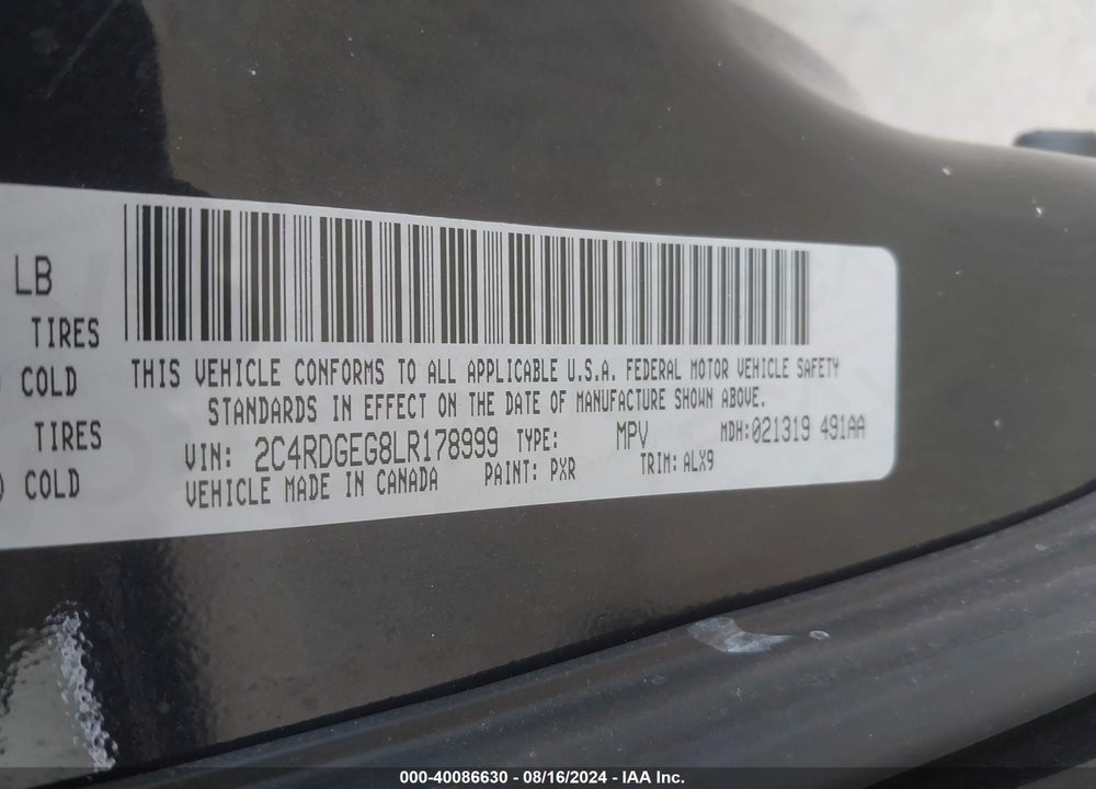 2020 DODGE GRAND CARAVAN GT VIN: 2C4RDGEG8LR178999