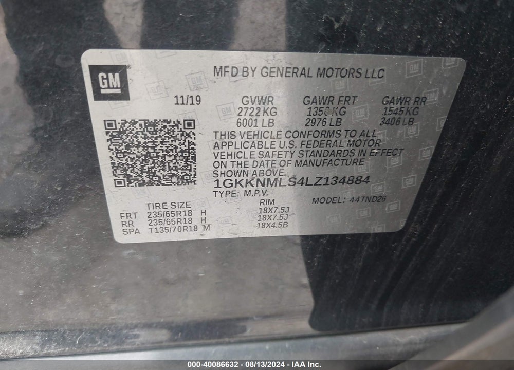 2020 GMC ACADIA FWD SLT VIN: 1GKKNMLS4LZ134884