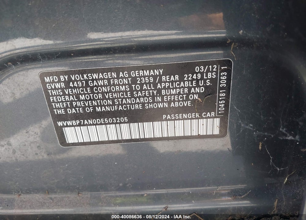 2013 VOLKSWAGEN CC VIN: WVWBP7AN0DE503205