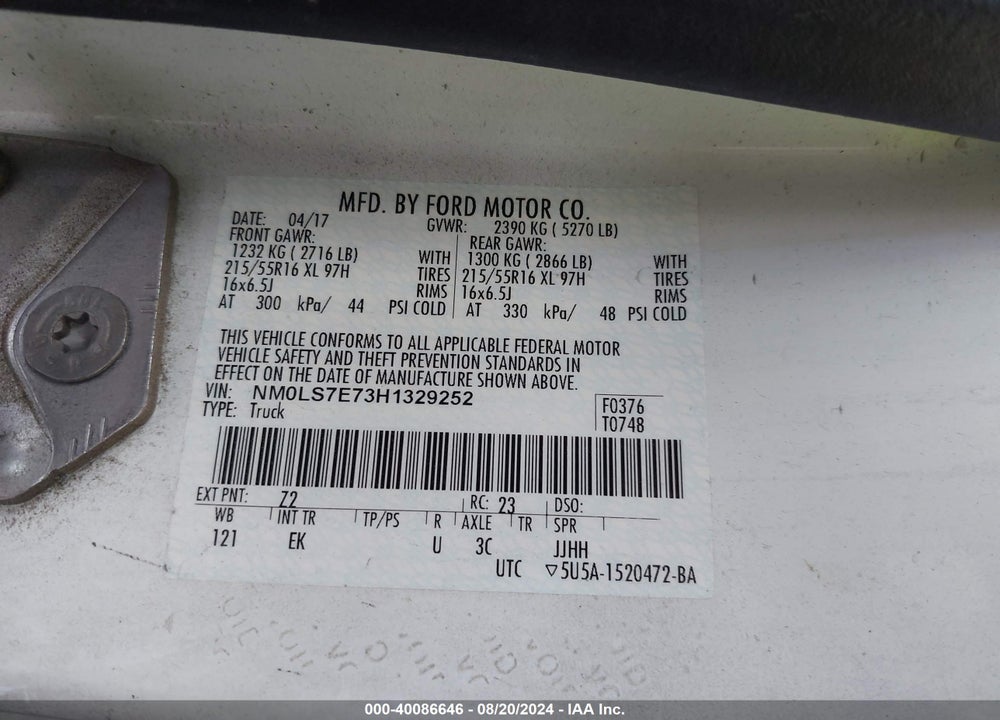 2017 FORD TRANSIT CONNECT XL VIN: NM0LS7E73H1329252