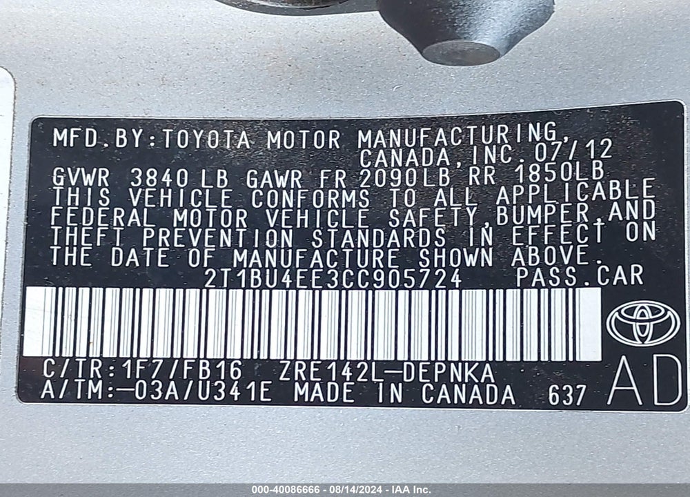 2012 TOYOTA COROLLA LE VIN: 2T1BU4EE3CC905724