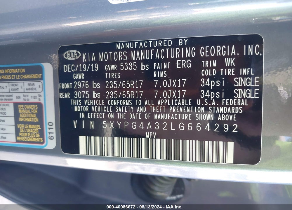 2020 KIA SORENTO 2.4L L VIN: 5XYPG4A32LG664292