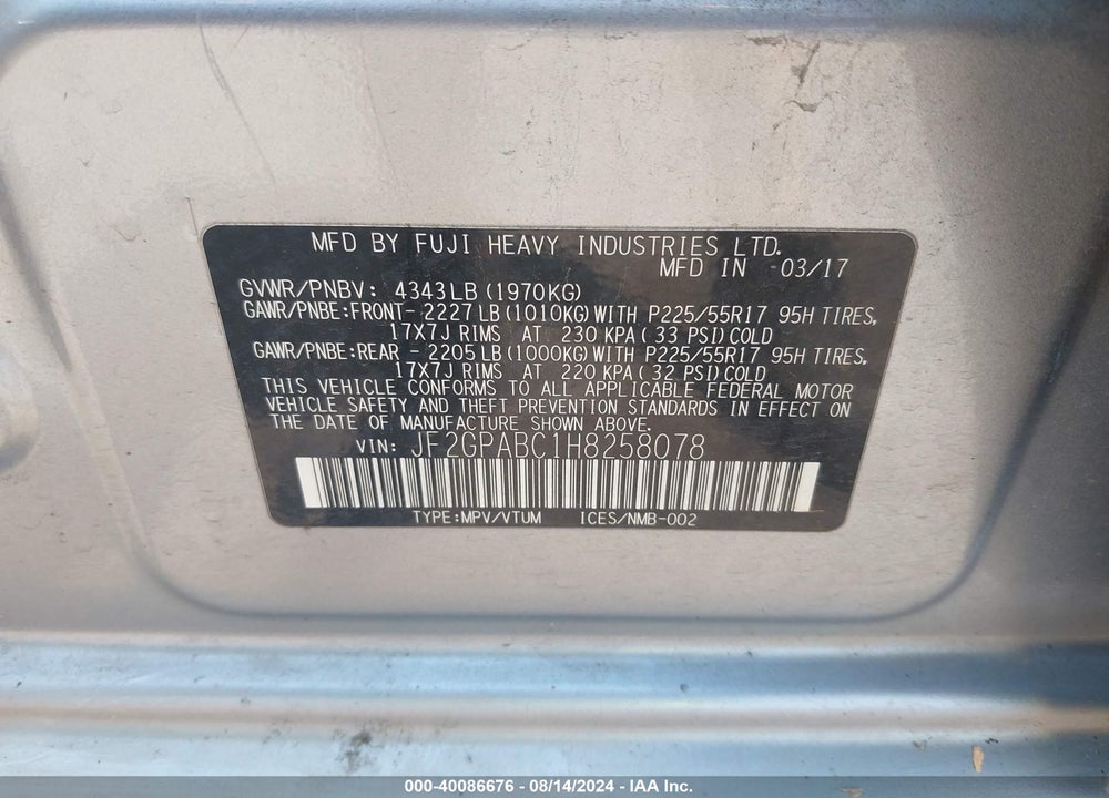 2017 SUBARU CROSSTREK 2.0I PREMIUM VIN: JF2GPABC1H8258078