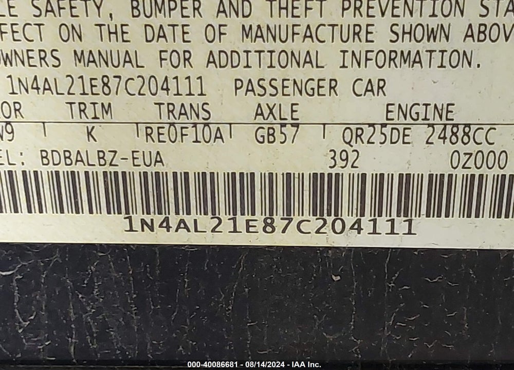 2007 NISSAN ALTIMA 2.5 S VIN: 1N4AL21E87C204111