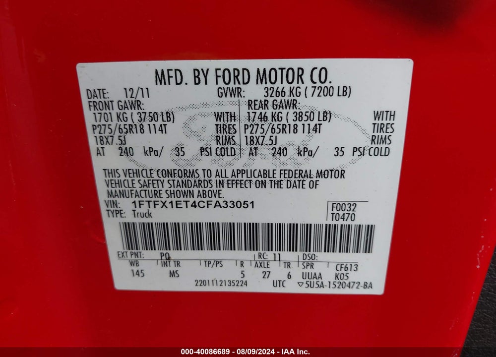 2012 FORD F-150 XLT VIN: 1FTFX1ET4CFA33051