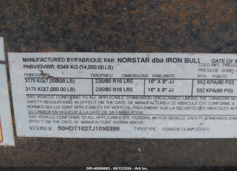 2018 NORSTAR TRAILERS DUMP VIN: 50HDT1627J1015399
