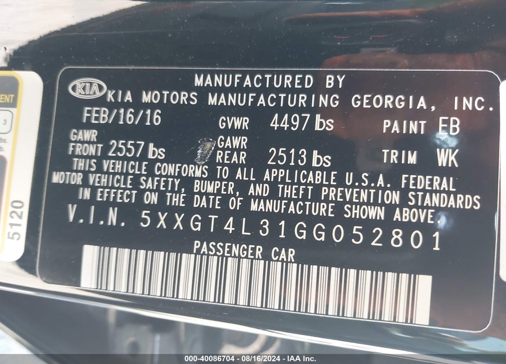2016 KIA OPTIMA VIN: 5XXGT4L31GG052801