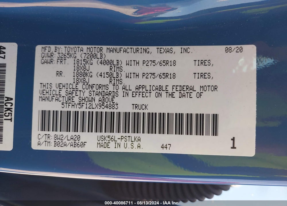 2020 TOYOTA TUNDRA LIMITED VIN: 5TFHY5F12LX954883