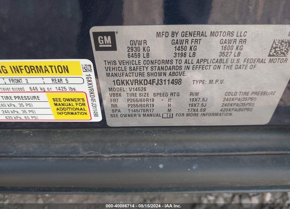 2015 GMC ACADIA SLT-1 VIN: 1GKKVRKD4FJ311498