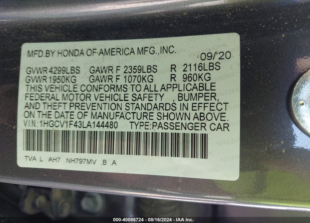 2020 HONDA ACCORD EX VIN: 1HGCV1F43LA144480