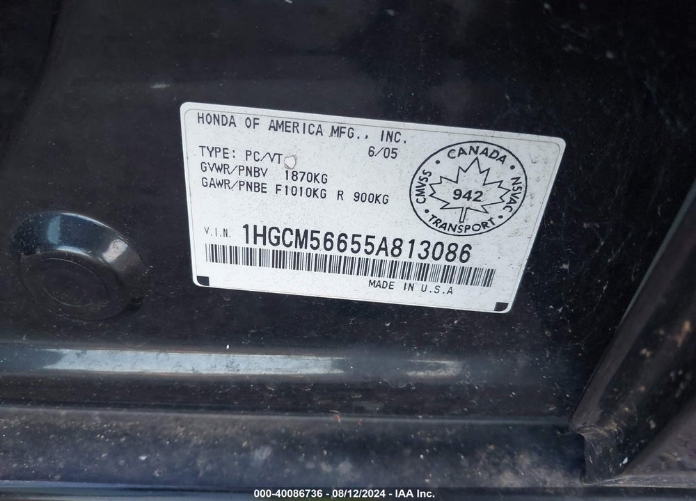2005 HONDA ACCORD SDN VIN: 1HGCM56655A813086