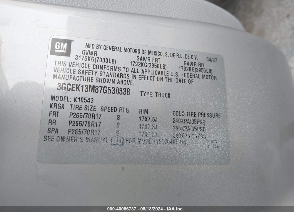 2007 CHEVROLET SILVERADO 1500 LTZ VIN: 3GCEK13M87G530338