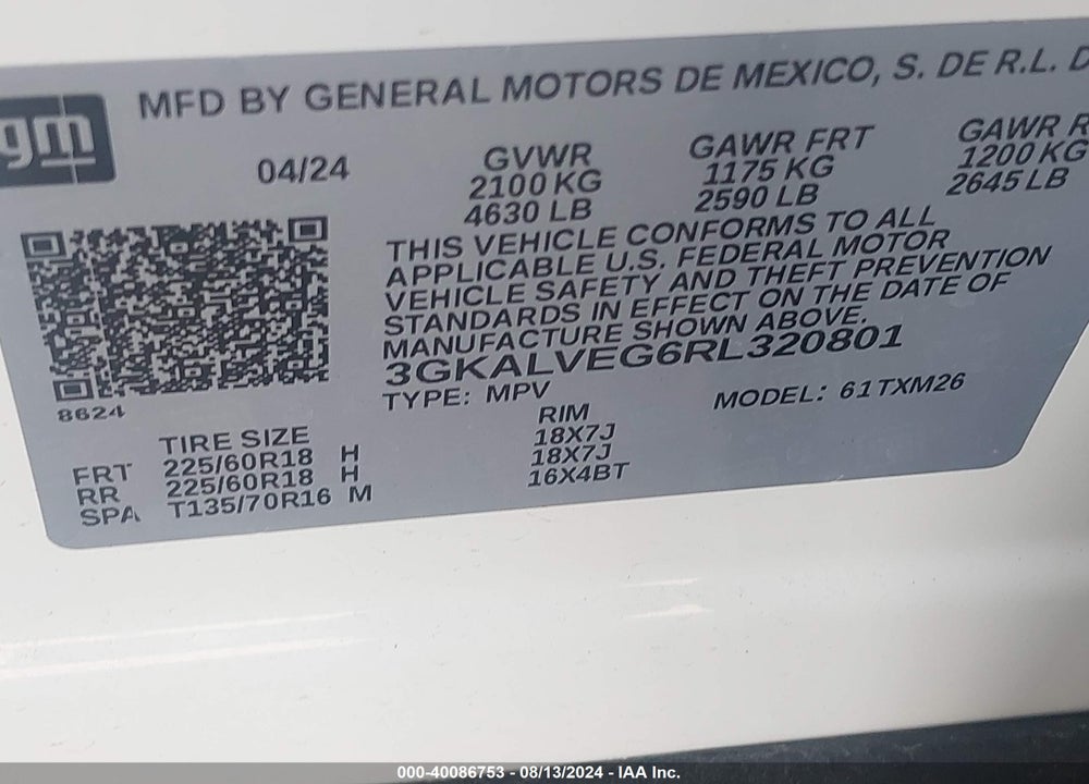 2024 GMC TERRAIN VIN: 3GKALVEG6RL320801