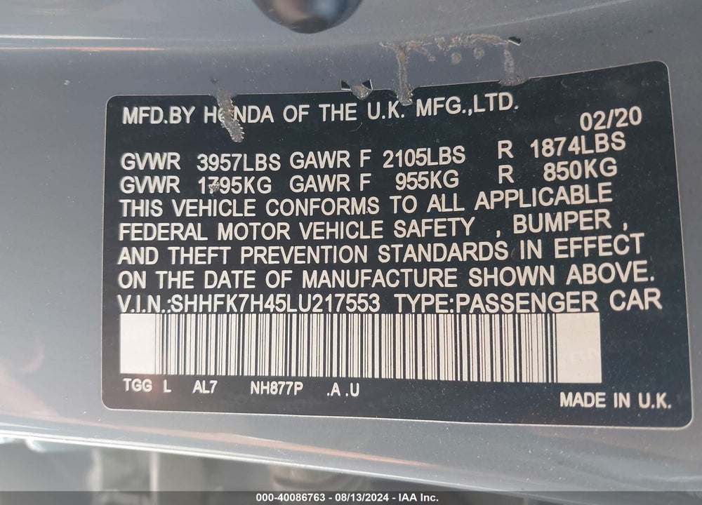2020 HONDA CIVIC SPORT VIN: SHHFK7H45LU217553