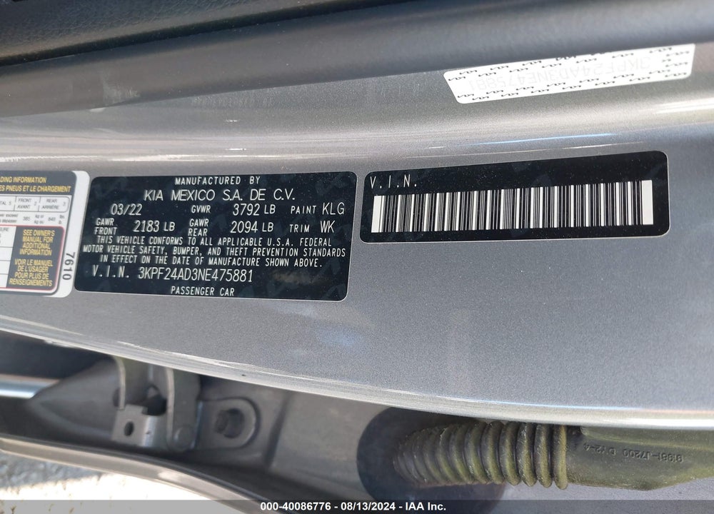 2022 KIA FORTE LXS VIN: 3KPF24AD3NE475881