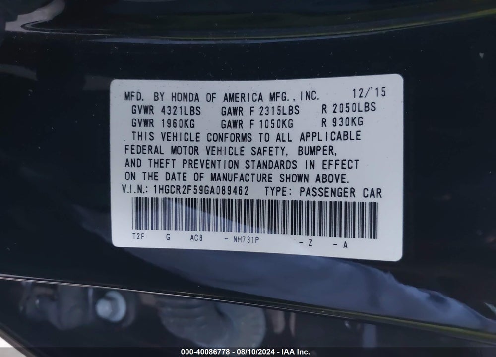 2016 HONDA ACCORD SPORT VIN: 1HGCR2F59GA089462