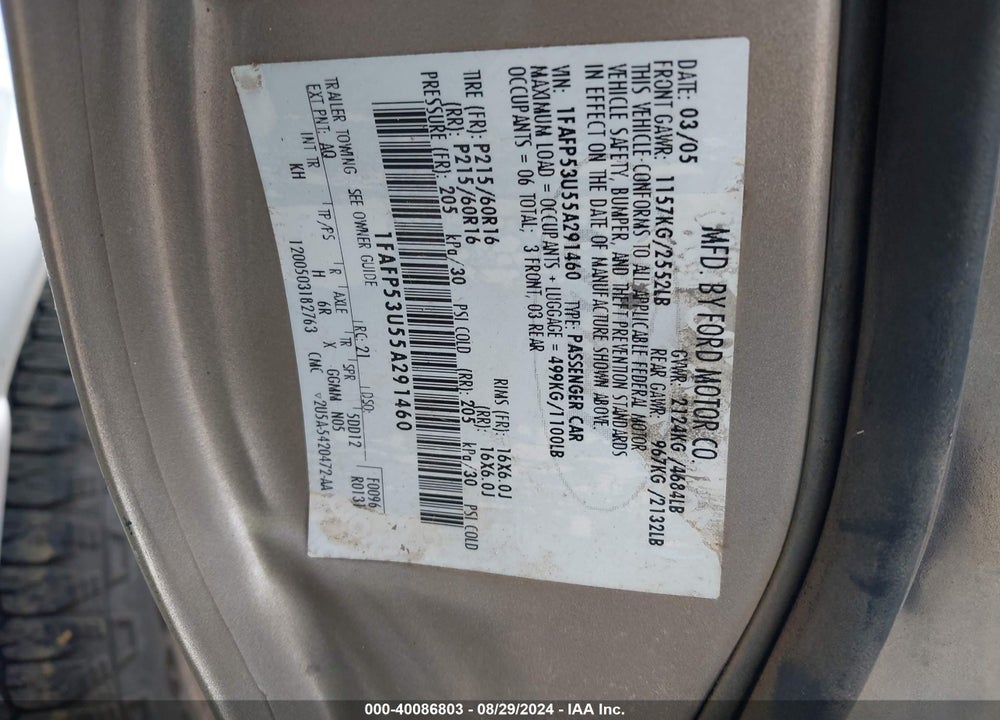 2005 FORD TAURUS SE VIN: 1FAFP53U55A291460