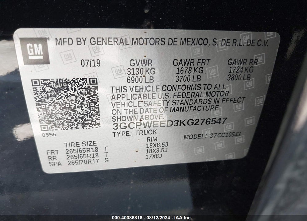 2019 CHEVROLET SILVERADO 1500 LTZ VIN: 3GCPWEED3KG276547