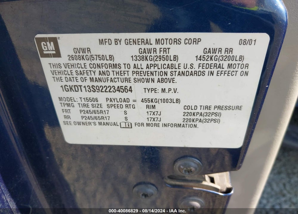 2002 GMC ENVOY SLT VIN: 1GKDT13S922234564
