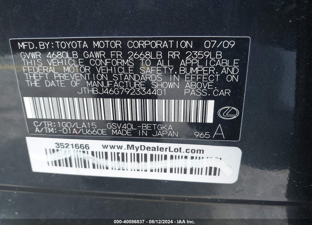 2009 LEXUS ES 350 VIN: JTHBJ46G792334401