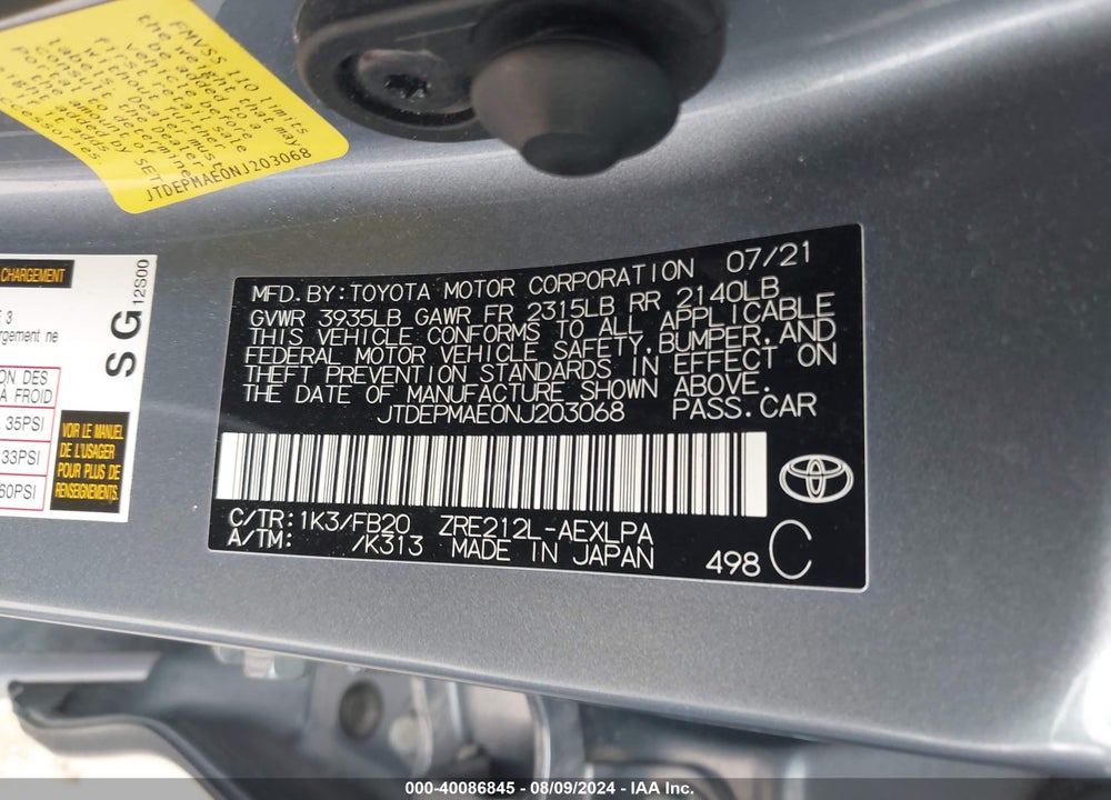 2022 TOYOTA COROLLA LE VIN: JTDEPMAE0NJ203068