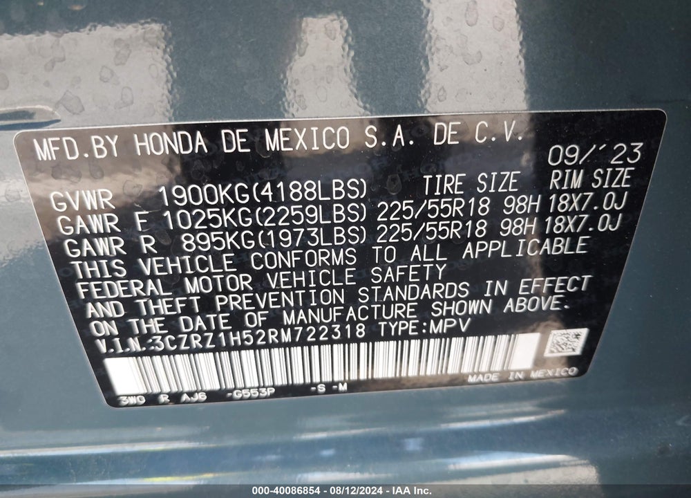 2024 HONDA HR-V 2WD SPORT/2WD SPORT W/O BSI VIN: 3CZRZ1H52RM722318