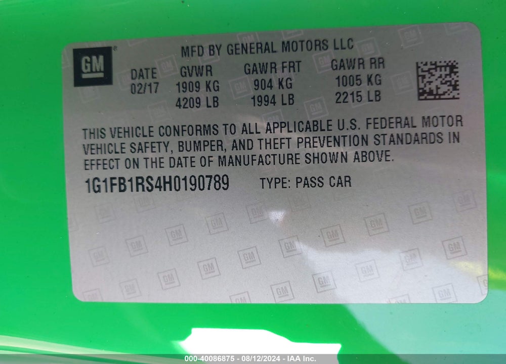 2017 CHEVROLET CAMARO 1LT VIN: 1G1FB1RS4H0190789