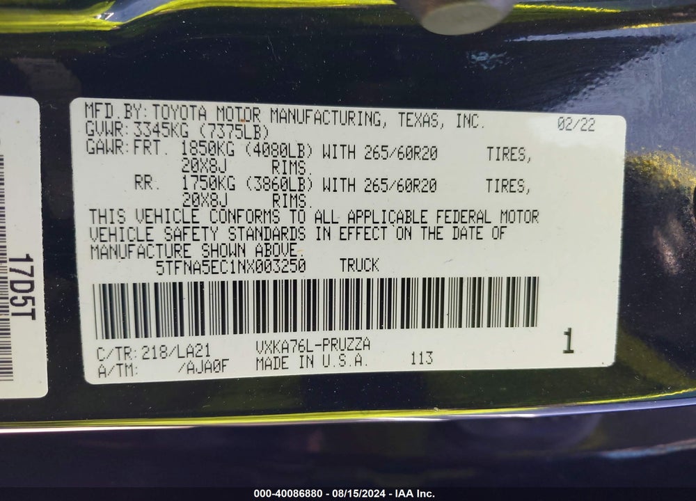 2022 TOYOTA TUNDRA PLATINUM VIN: 5TFNA5EC1NX003250
