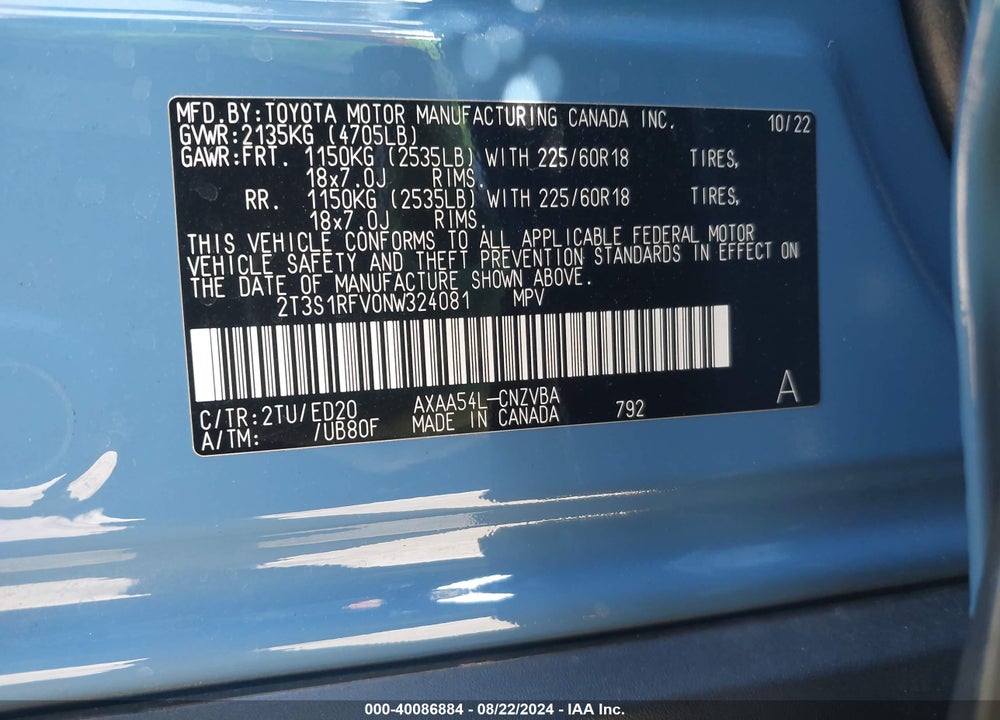 2022 TOYOTA RAV4 TRD OFF ROAD VIN: 2T3S1RFV0NW324081