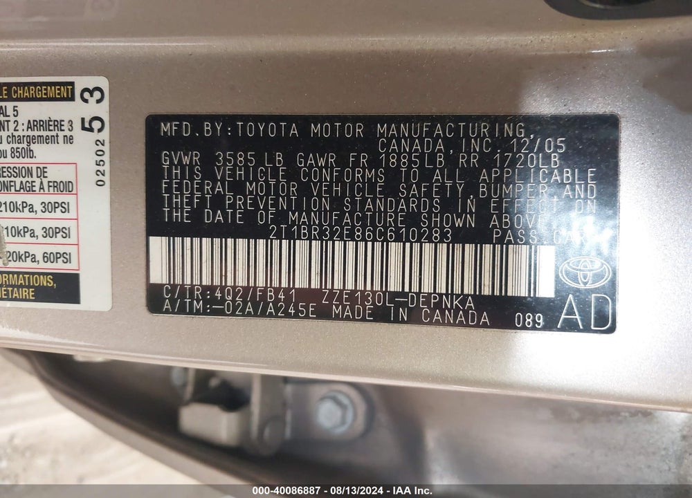 2006 TOYOTA COROLLA LE VIN: 2T1BR32E86C610283