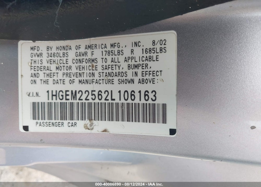 2002 HONDA CIVIC VIN: 1HGEM22562L106163