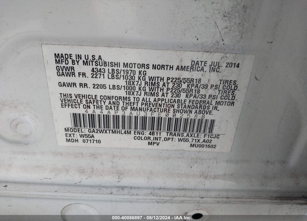 2015 MITSUBISHI OUTLANDER SPORT ES VIN: 4A4AP3AU3FE002588