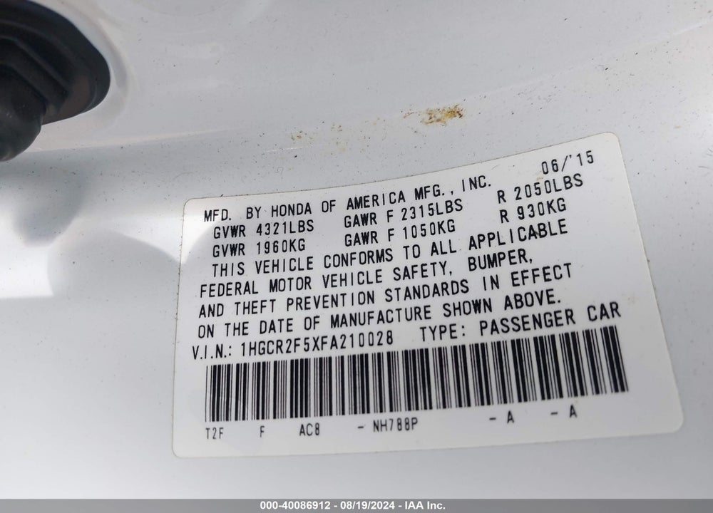 2015 HONDA ACCORD SPORT VIN: 1HGCR2F5XFA210028