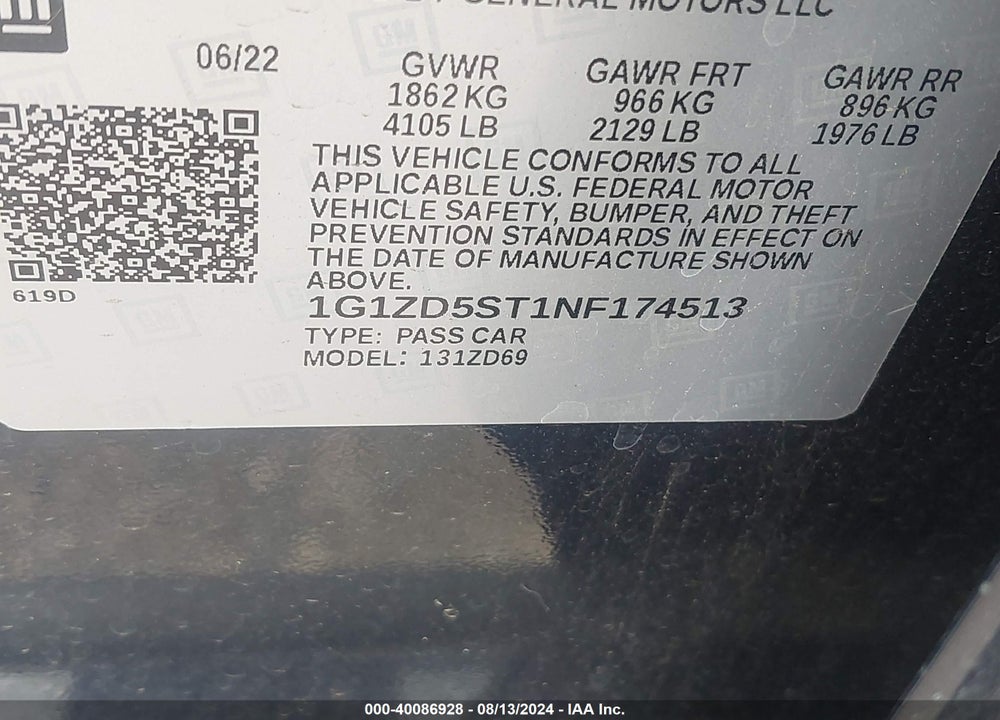 2022 CHEVROLET MALIBU FWD LT VIN: 1G1ZD5ST1NF174513