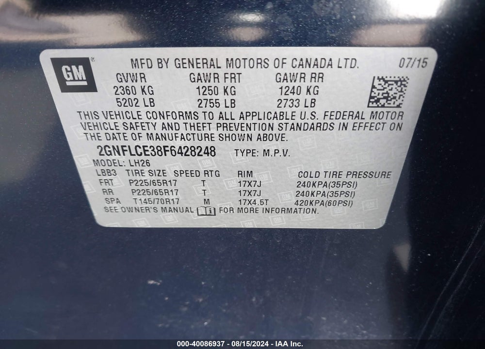 2015 CHEVROLET EQUINOX VIN: 2GNFLCE38F6428248