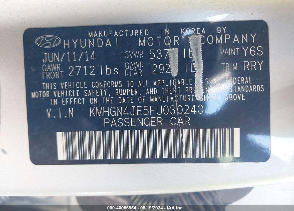 2015 HYUNDAI GENESIS 3.8 VIN: KMHGN4JE5FU030240