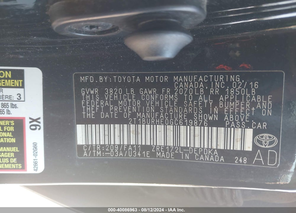 2016 TOYOTA COROLLA L VIN: 2T1BURHE0GC619876