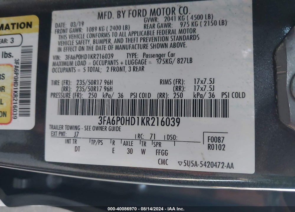 2019 FORD FUSION SE VIN: 3FA6P0HD1KR216039