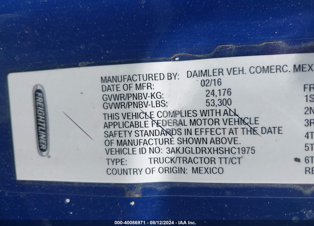 2017 FREIGHTLINER CASCADIA 125 VIN: 3AKJGLDRXHSHC1975