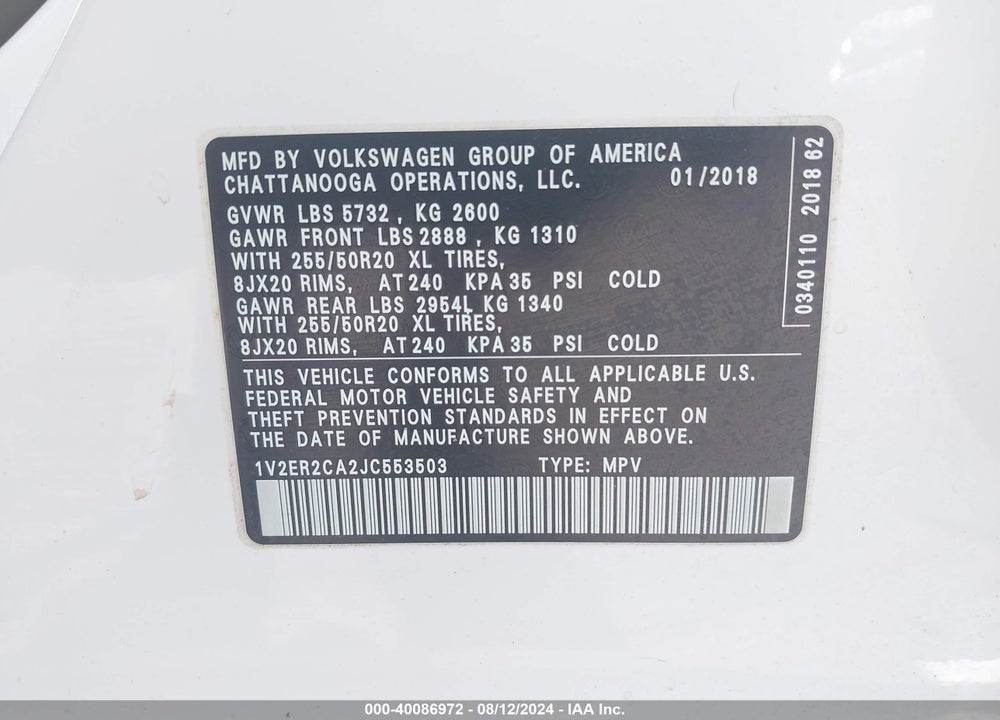 2018 VOLKSWAGEN ATLAS 3.6L V6 SEL VIN: 1V2ER2CA2JC553503