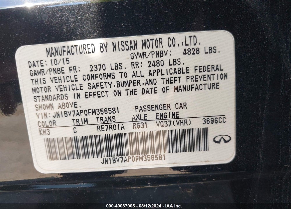 2015 INFINITI Q50 PREMIUM VIN: JN1BV7AP0FM356581