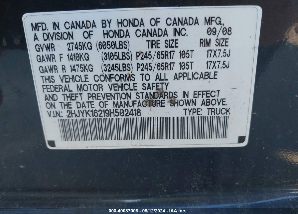 2009 HONDA RIDGELINE RT VIN: 2HJYK16219H502418