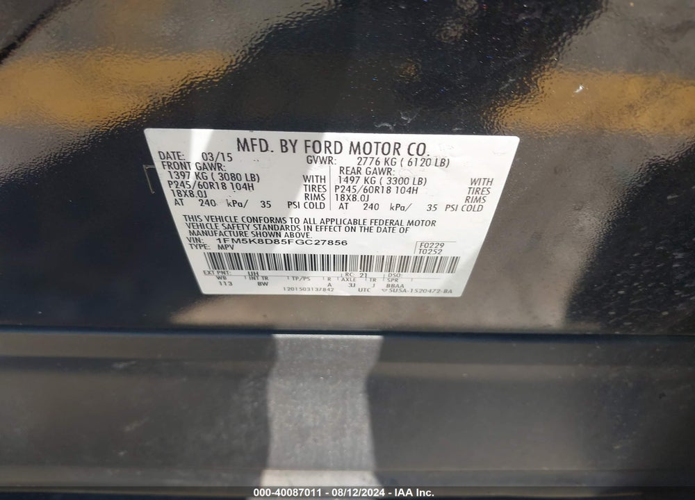 2015 FORD EXPLORER VIN: 1FM5K8D85FGC27856