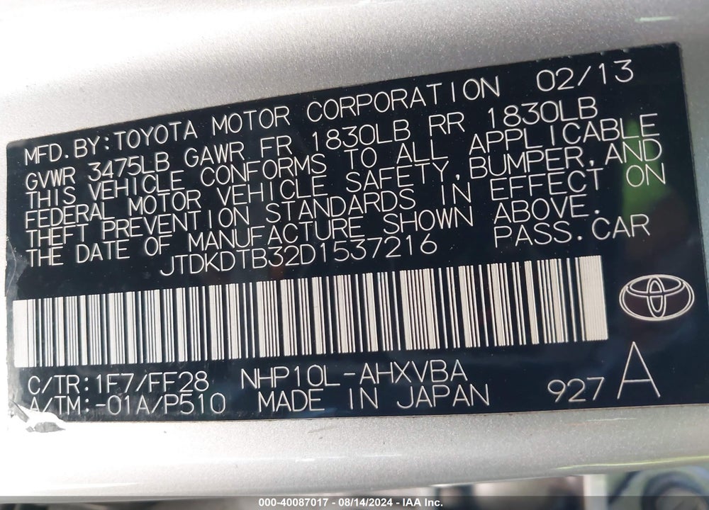 2013 TOYOTA PRIUS C TWO VIN: JTDKDTB32D1537216