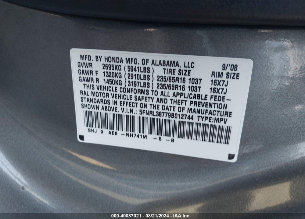 2009 HONDA ODYSSEY EX-L VIN: 5FNRL38779B012744