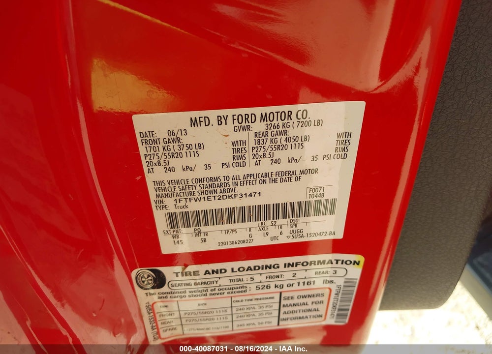 2013 FORD F-150 FX4 VIN: 1FTFW1ET2DKF31471