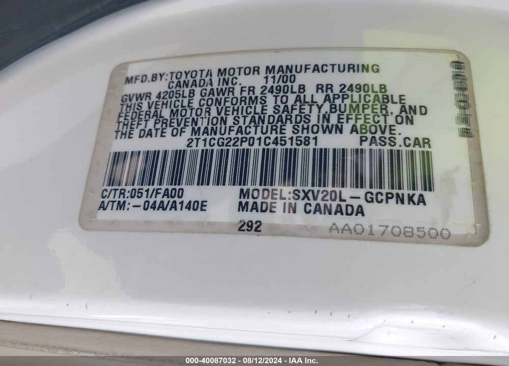 2001 TOYOTA CAMRY SOLARA SE VIN: 2T1CG22P01C451581
