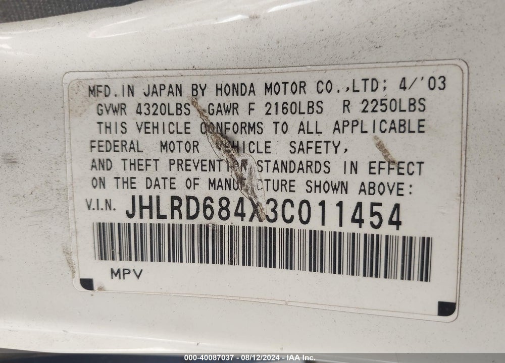 2003 HONDA CR-V LX VIN: JHLRD684X3C011454
