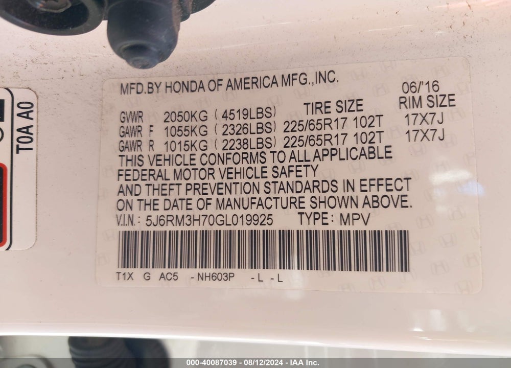2016 HONDA CR-V EX-L VIN: 5J6RM3H70GL019925